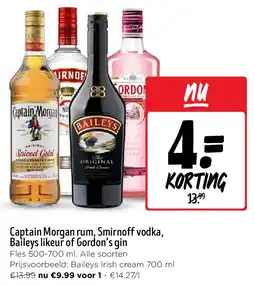 Jumbo Captain Morgan rum, Smirnoff vodka, Baileys likeur of Gordon’s gin aanbieding