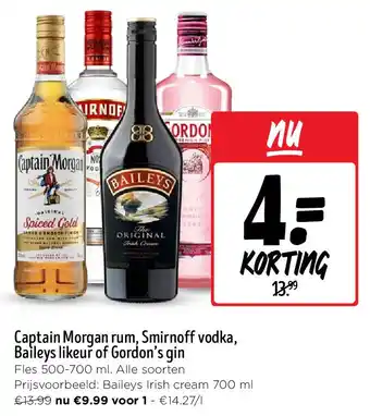 Jumbo Captain Morgan rum, Smirnoff vodka, Baileys likeur of Gordon’s gin aanbieding