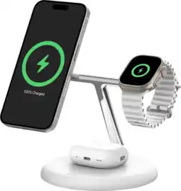 Coolblue Belkin Boost Charge Pro Chargeur Sans Fil MagSafe et Qi2 3-en-1 15W avec Support Blanc aanbieding