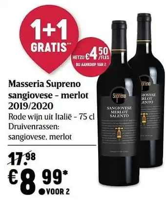 Delhaize Masseria supreno sangiovese - merlot 2019-2020 aanbieding