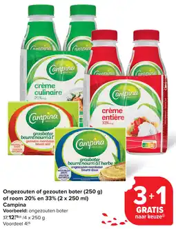Carrefour Ongezouten of gezouten boter 250 g of room 20% en 33% Campina aanbieding