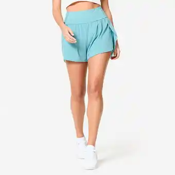 Decathlon Rekbare 2-in-1-fitnessshort voor dames lichtblauw aanbieding