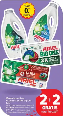 Carrefour Waspods, vloeibaar wasmiddel en The Big One Ariel aanbieding