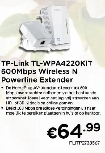 CompuDeals Tp-link tl-wpa4220kit 600mbps wireless n powerline extender aanbieding