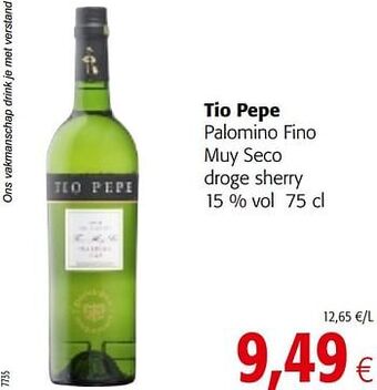 Colruyt Tio pepe palomino fino muy seco droge sherry aanbieding