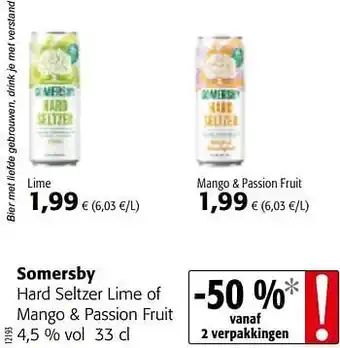 Colruyt Somersby hard seltzer lime of mango + passion fruit aanbieding