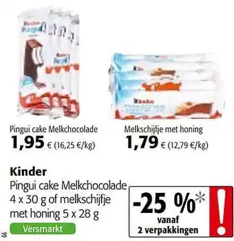 Colruyt Kinder pingui cake melkchocolade of melkschijfje met honing aanbieding