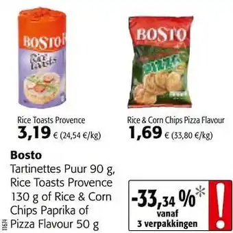 Colruyt Bosto tartinettes puur, rice toasts provence of rice + corn chips paprika of pizza flavour aanbieding