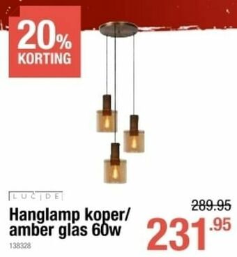 Hanglamp koper- amber glas 60w
