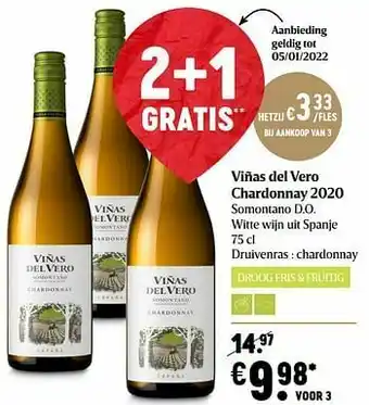 Viñas del vero chardonnay 2020 somontano d.o. witte wijn uit spanje