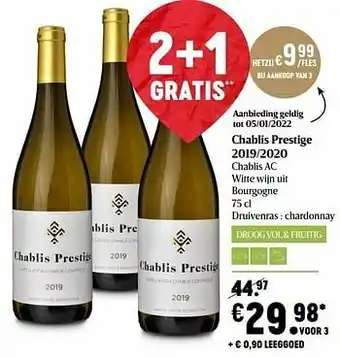Delhaize Chablis prestige 2019-2020 chablis ac witte wijn uit bourgogne aanbieding