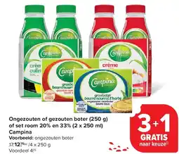 Carrefour Ongezouten of gezouten boter (250 g) of set room 20% en 33% (2 x 250 ml) Campina aanbieding