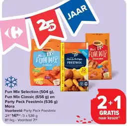 Carrefour Fun Mix Selection (504 g), Fun Mix Classic (656 g) en Party Pack Feestmix (536 g) Mora aanbieding