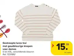Carrefour Gestreepte lurex trui met goudkleurige knopen voor dames aanbieding