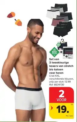 Carrefour Set van 3 tweekleurige boxers van stretch bio katoen voor heren aanbieding