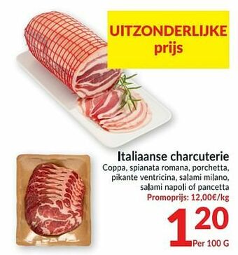 Intermarché Italiaanse charcuterie coppa spianata romana porchetta pikante ventricina salami milano salami napoli of pancetta aanbieding