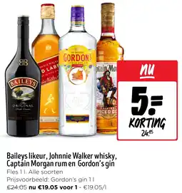 Jumbo Baileys likeur, Johnnie Walker whisky, Captain Morgan rum en Gordon's gin aanbieding