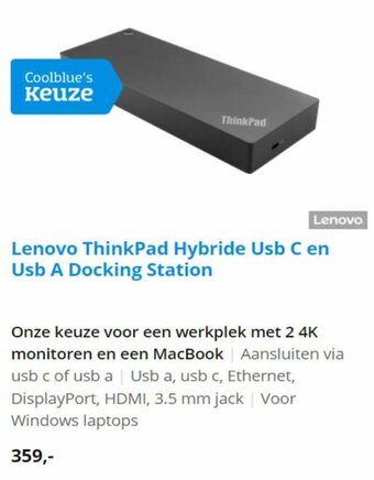 Coolblue Lenovo ThinkPad Hybride Usb C en Usb A Docking Station aanbieding