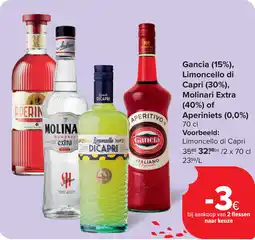 Carrefour Gancia 15%, Limoncello di Capri 30%, Molinari Extra Aperiniets 0,0% aanbieding