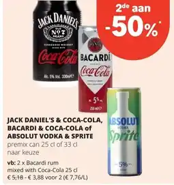 Spar JACK DANIEL'S & COCA-COLA, BACARDI & COCA-COLA of ABSOLUT VODKA & SPRITE aanbieding
