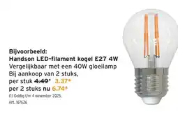 GAMMA Handson LED-filament kogel E27 4W Vergelijkbaar met een 40W gloeilamp aanbieding