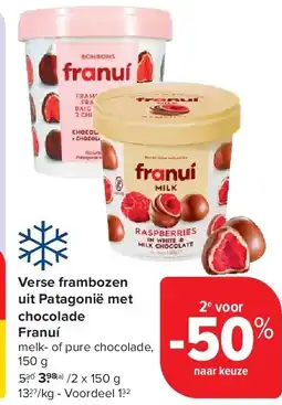 Carrefour Verse frambozen uit Patagonië met chocolade Franuí aanbieding