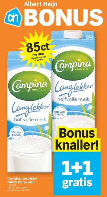 Albert Heijn Campina Langlekker halfvol literpakken aanbieding