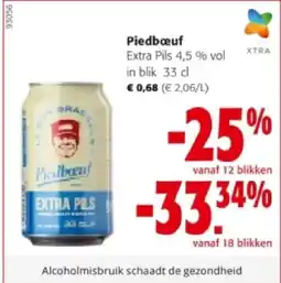 Colruyt Piedbœuf QRA Pielboeuf EXTRA PILS لونة Extra Pils 4,5 % vol in blik 33 cl aanbieding