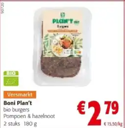 Colruyt Boni Plan't bio burgers Pompoen & hazelnoot 2 stuks 180 g aanbieding