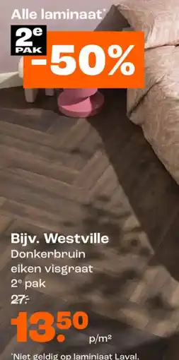 Kwantum Westville Laminaat Donkerbruin eiken visgraat aanbieding