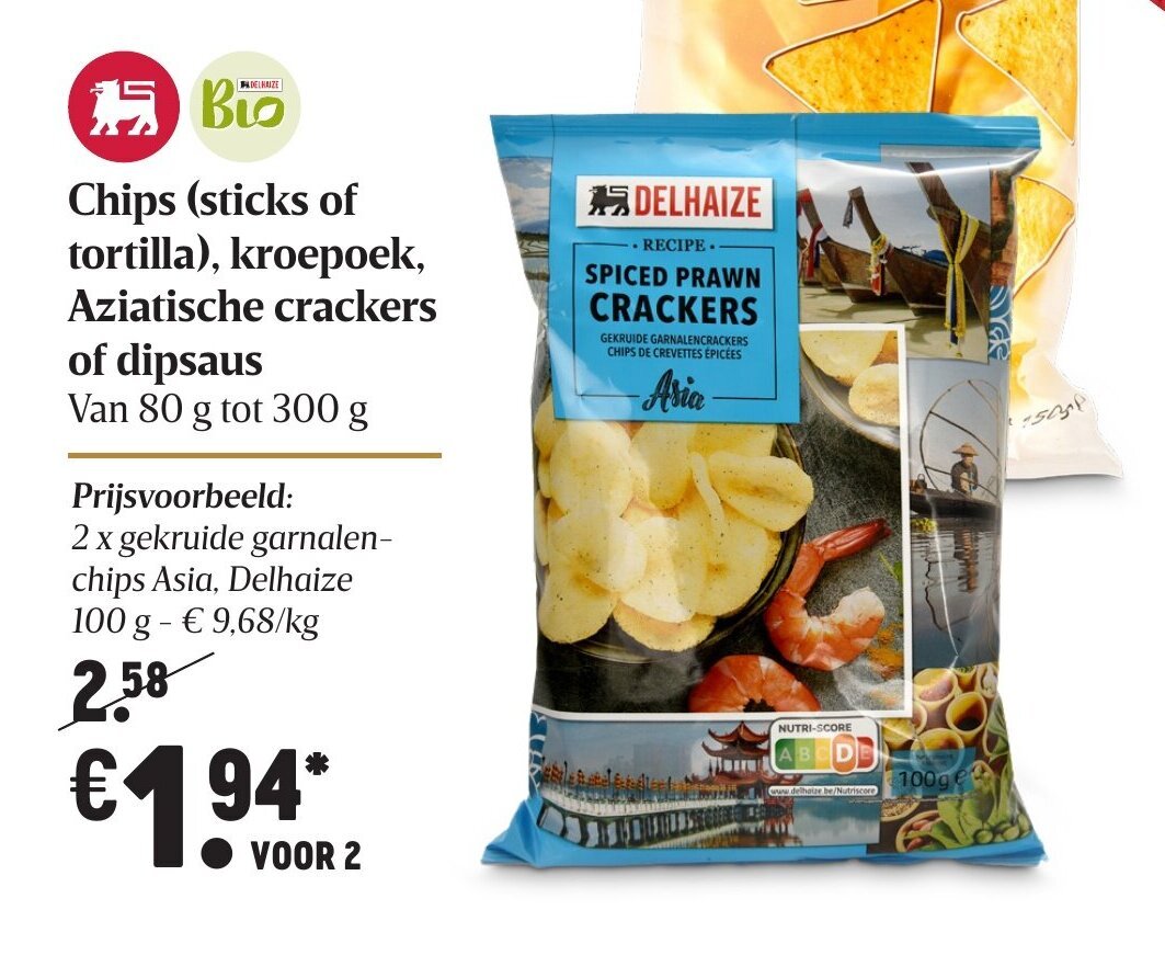 Chips (sticks of tortilla), kroepoek, Aziatische crackers of dipsaus