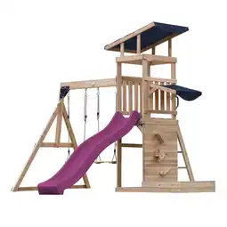 Decathlon Malik Speeltoestel, Hout, met 2 Schommels, Glijbaan Paars aanbieding