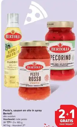 Carrefour Pesto's, sauzen en olie in spray Bertolli aanbieding