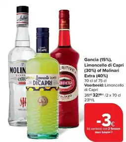 Carrefour Gancia (15%), Limoncello di Capri (30%) of Molinari aanbieding