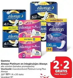 Carrefour Always Platinum en inlegkruisjes Always alle soorten (behalve promopacks) Voorbeeld: maandverband Platinum Long Plus Always aanbieding