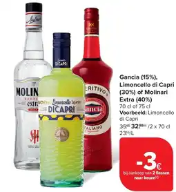 Carrefour Gancia (15%), Limoncello di Capri (30%) of Molinari Extra (40%) aanbieding