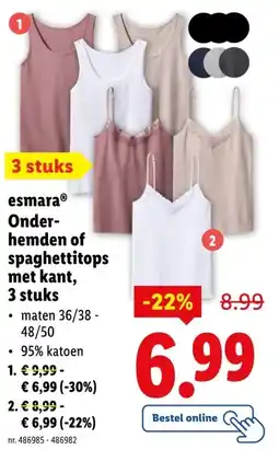 Lidl esmaraⓇ Onder- hemden of spaghettitops met kant, 3 stuks aanbieding