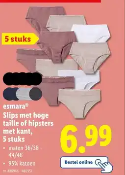 Lidl esmaraⓇ Slips met hoge taille of hipsters met kant, 5 stuks aanbieding