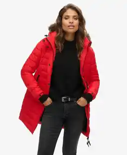 Decathlon Donsjack met capuchon en imitatiebont voor dames, halflang Superdry aanbieding