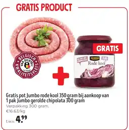 Jumbo Gratis pot Jumbo rode kool 350 gram bij aankoop van 1 pak Jumbo gerolde chipolata 300 gram aanbieding