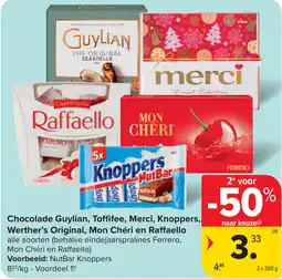Carrefour Chocolade Guylian, Toffifee, Merci, Knoppers, Werther's Original, Mon Chéri en Raffaello aanbieding