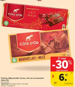 Carrefour Pralines, Mignonnette, Carrés, mini roc en bouchées Côte d'Or aanbieding
