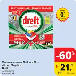 Carrefour Vaatwascapsules Platinum Plus citroen Megabox Dreft aanbieding