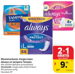 Carrefour Maandverband, inlegkruisjes Always en tampons Tampax aanbieding