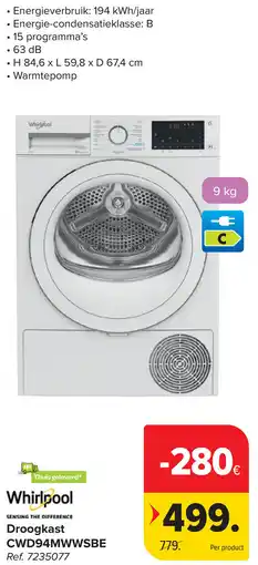 Carrefour Whirlpool Droogkast CWD94MWWSBE aanbieding