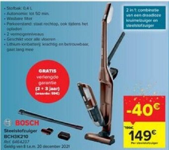 Carrefour Bosch Steelstofzuiger BCH3K210 aanbieding