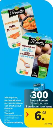 Carrefour Market Florette Wortelpuree, aardappelpuree met parmezaan of een snuifje zout aanbieding