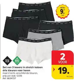 Carrefour Set van 3 boxers in stretch katoen drie kleuren voor heren aanbieding