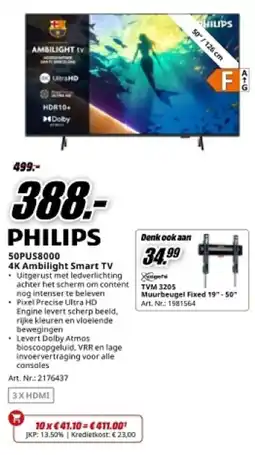 MediaMarkt Philips 50PUS8000 4K Ambilight Smart TV aanbieding