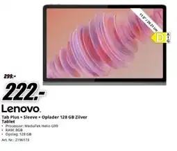 MediaMarkt Lenovo Tab Plus + Sleeve + Oplader 128 GB Zilver Tablet aanbieding